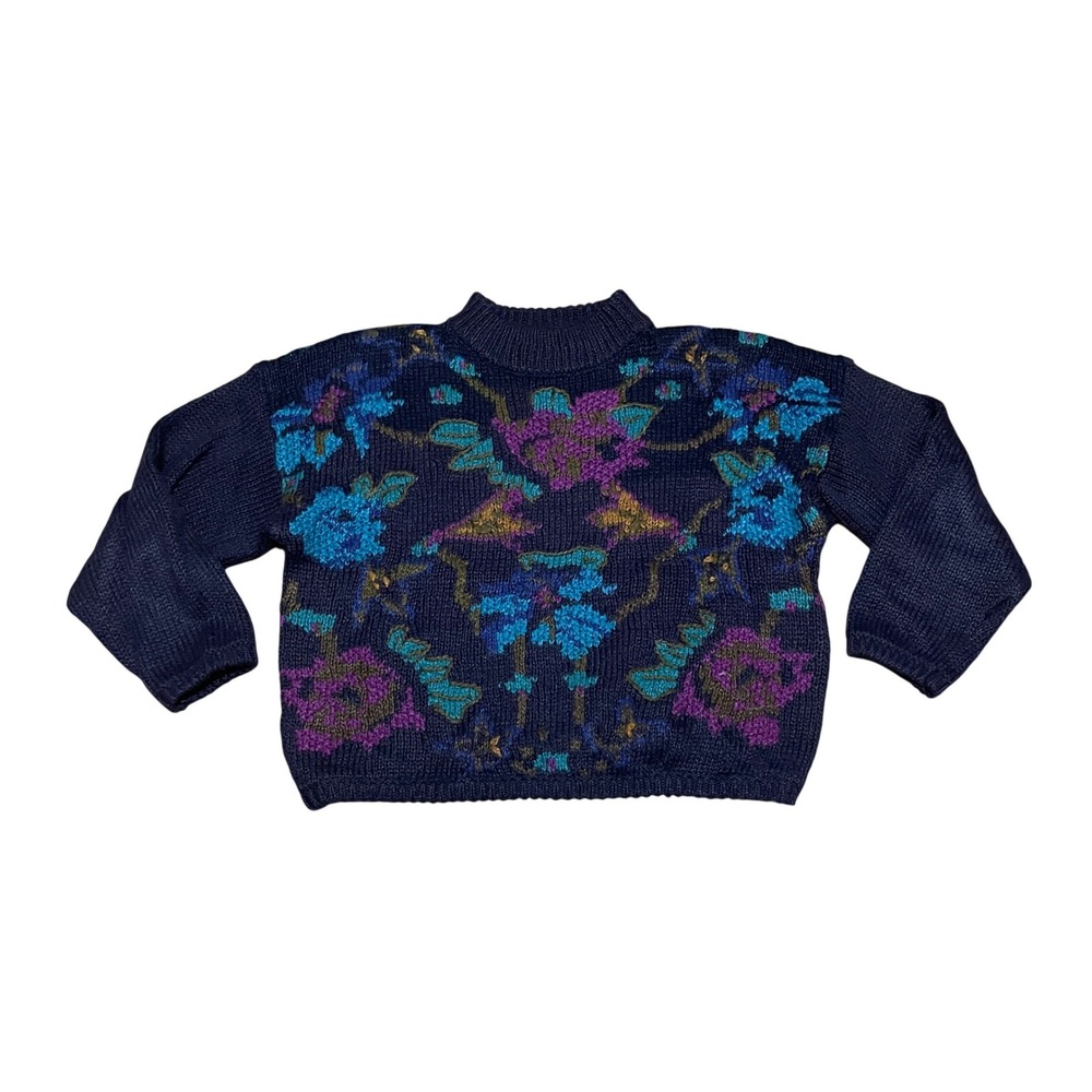 VTG 80s 90s Kitty Hawk Vivian Wang M Navy Floral Intarsia Mock Neck Knit Sweater